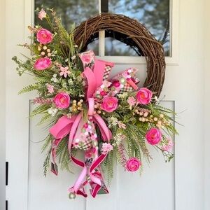 Bright Pink Floral Grapevine Door Wreath with Ribbon
